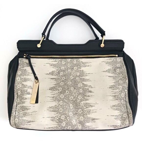 Vince Camuto Fiona Lg Blk Leather Satchel w Crossbody Tan Print Gold Hardware - Picture 12 of 16